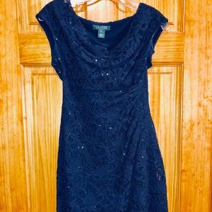 Ralph Lauren Navy Cowl-neck Lace Evening Dress